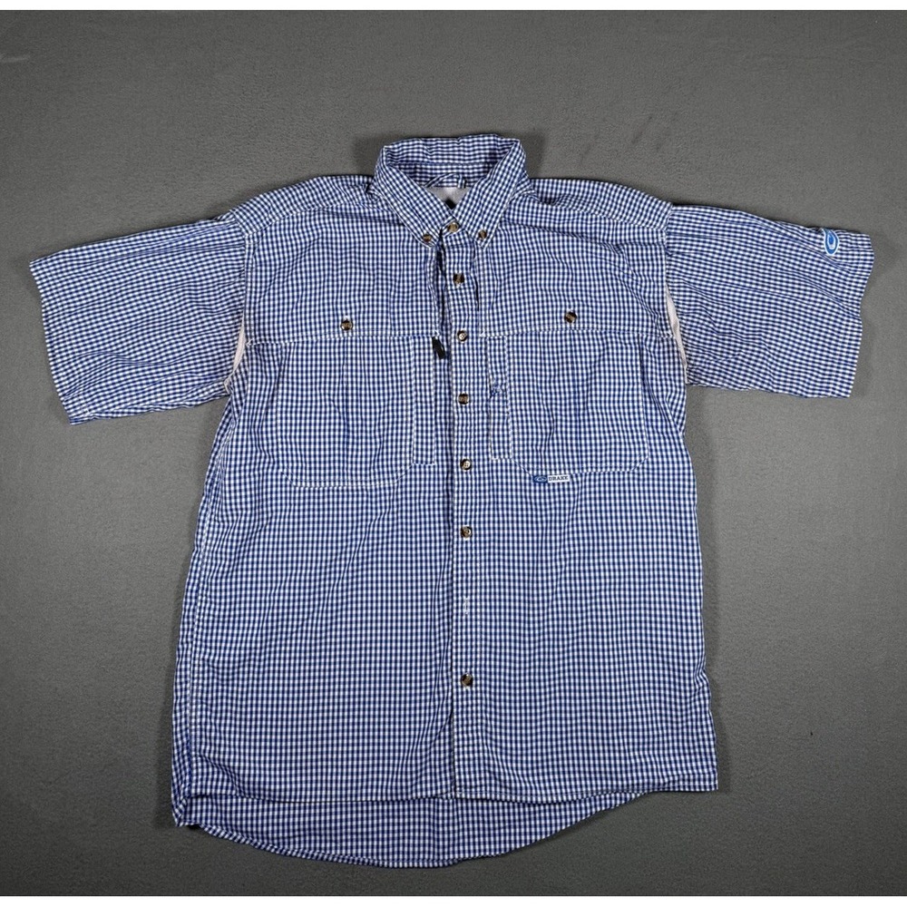 Drake Waterfowl Mens M Blue Gingham Short Sleeve Fishing Shirt Stain